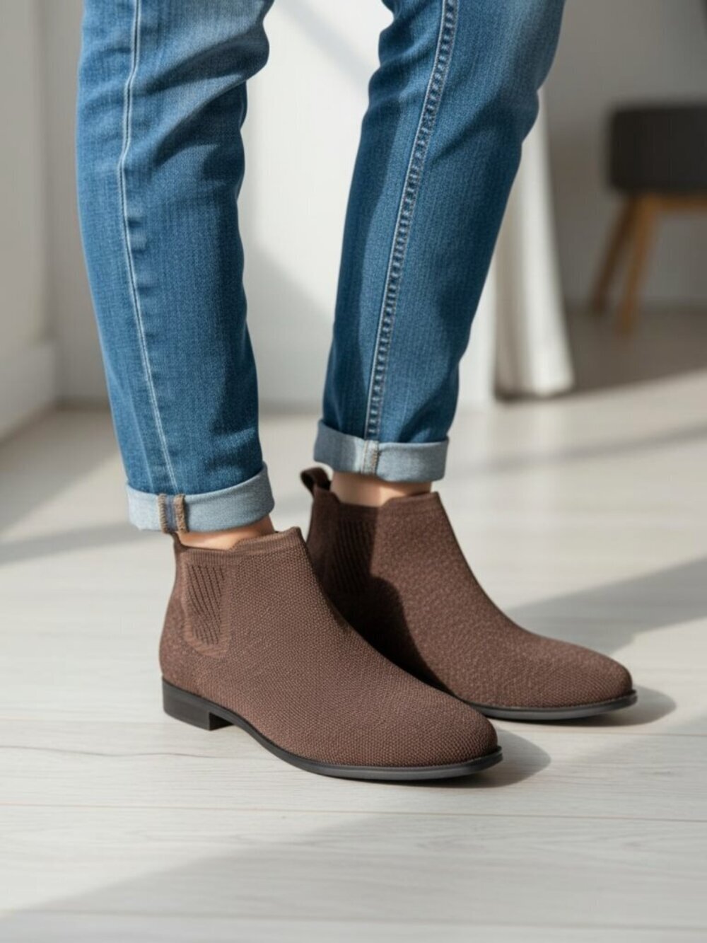 Vivaia Brown Knit Square Toe Chelsea Ankle Boots 39.5 Low Block Heel Womens 8.5